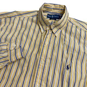Ralph Lauren Mens Blake Striped Button‎ Down Shirt Yellow Navy White Cotton L